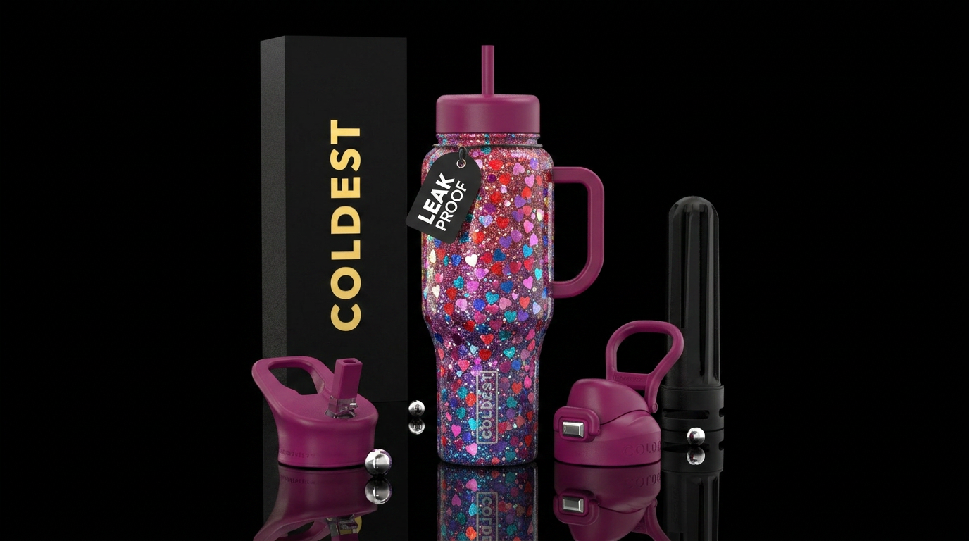Multi colored hearts  glitter water bottle design