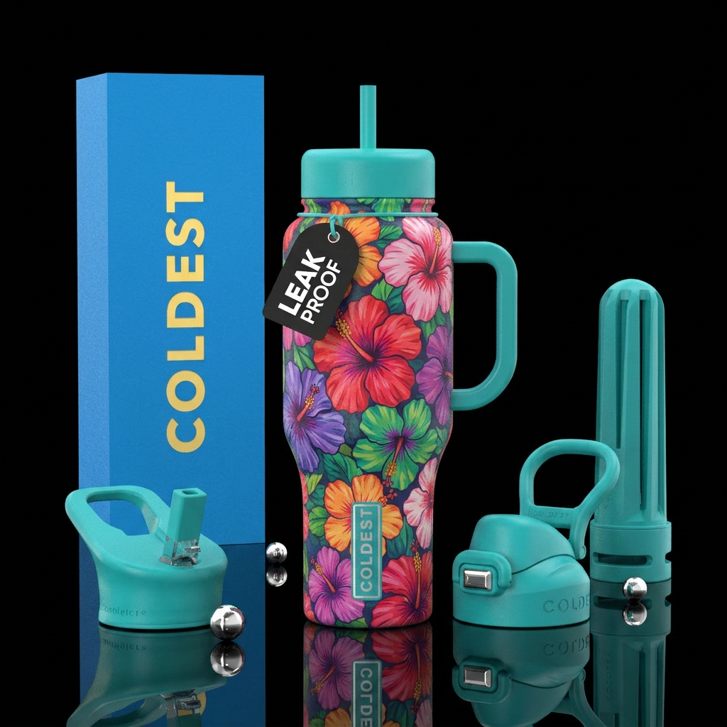 Multi colored hibiscus flowers water bottle design