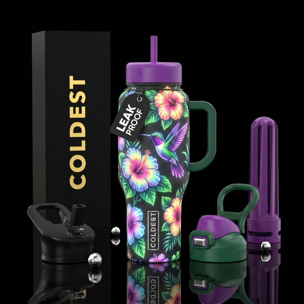 Glowie Multi color hibiscus flowers Humming bird water bottle design