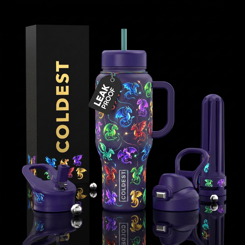 Colorful mini dragons glowie water bottle design
