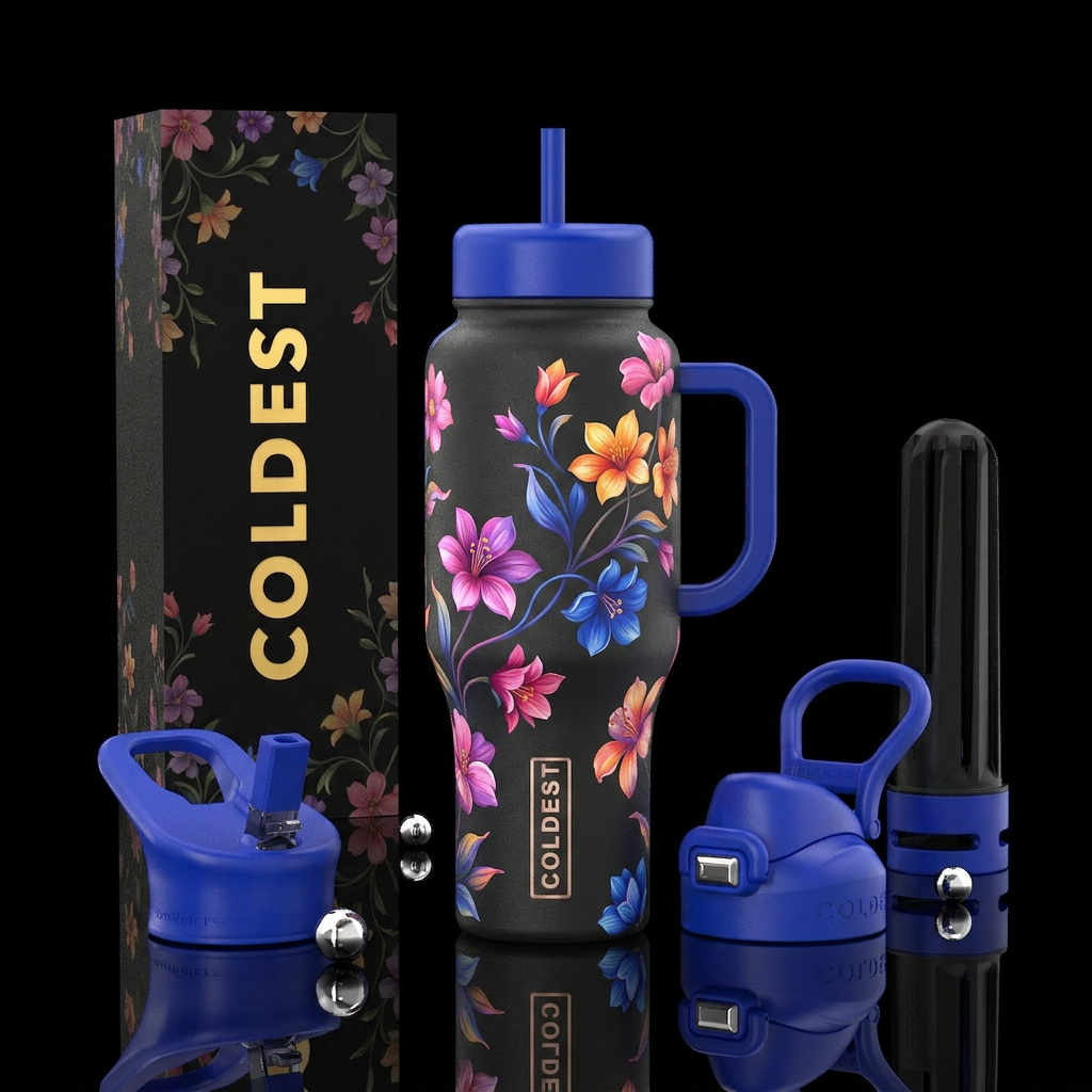 Flowing colorful flowers water bottle design