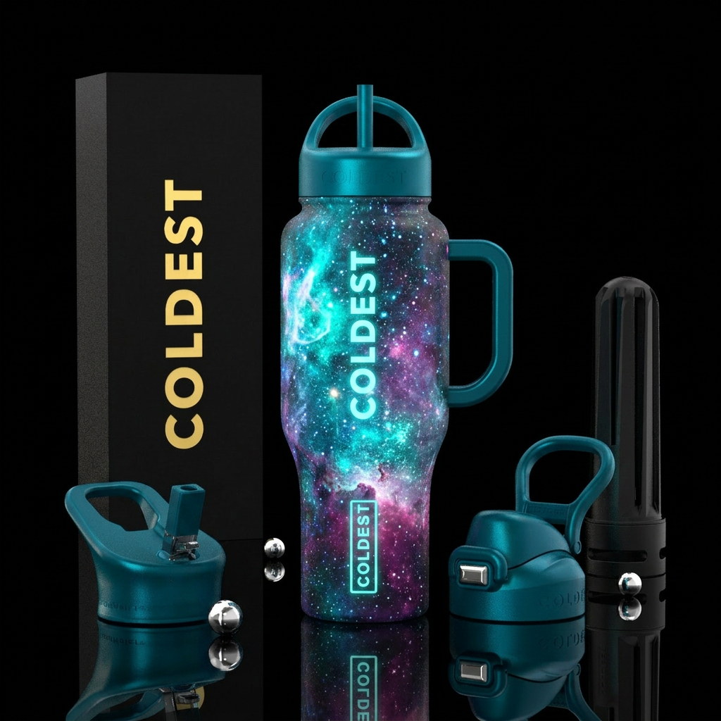 Bright colored outer space glowie water bottle design