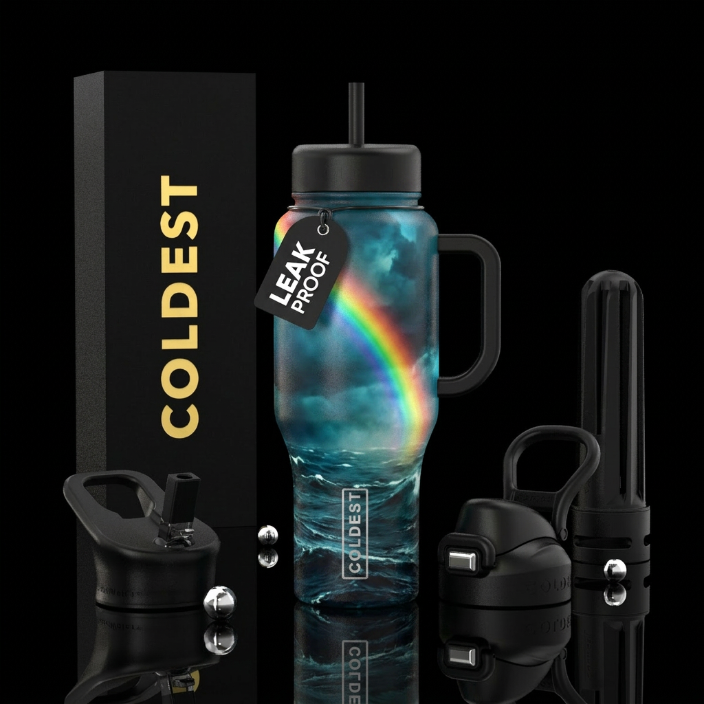 Rainbow over stormy ocean glowie water bottle design