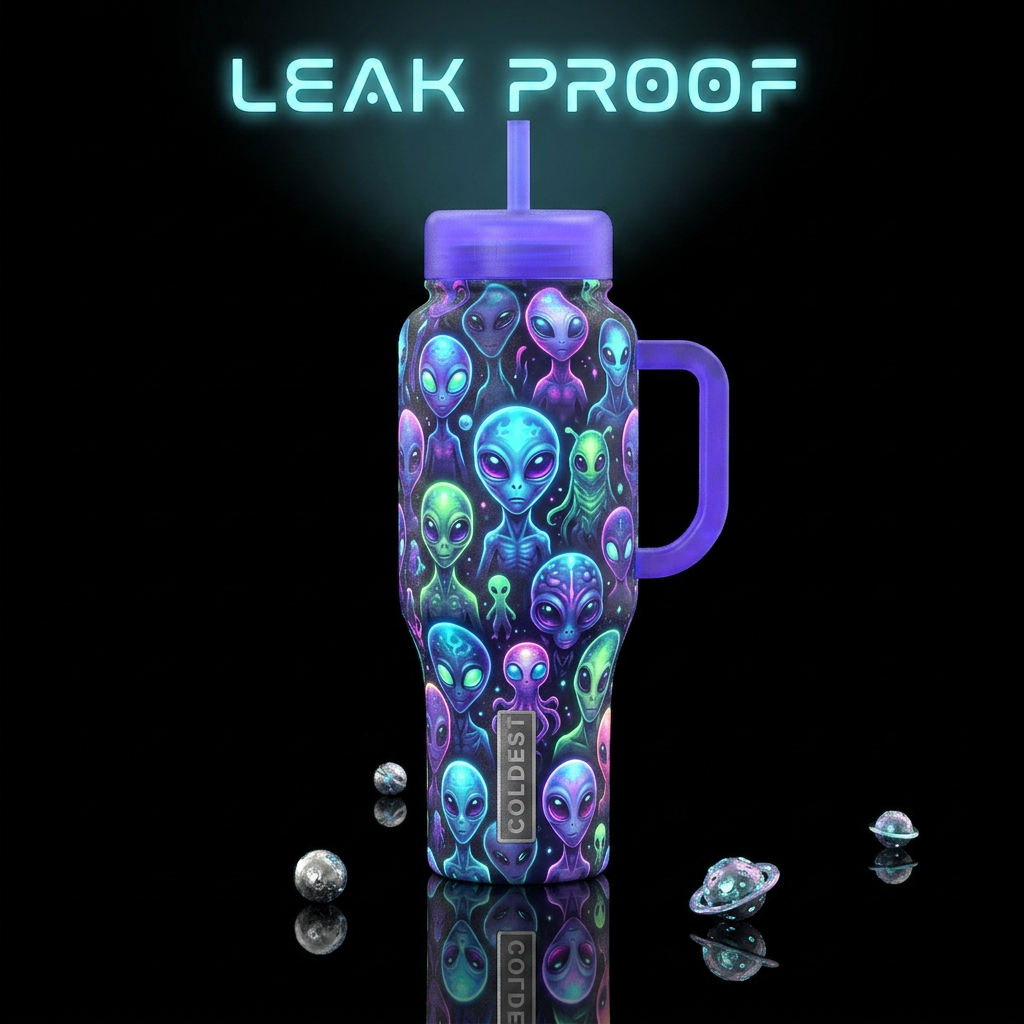 Glowie colorful Space aliens water bottle design
