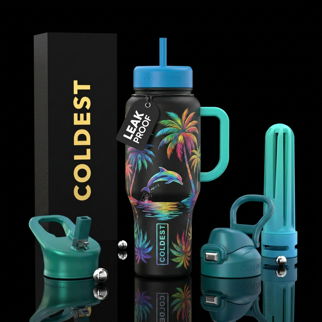 Colorful palm trees and Dolphins water bottle design