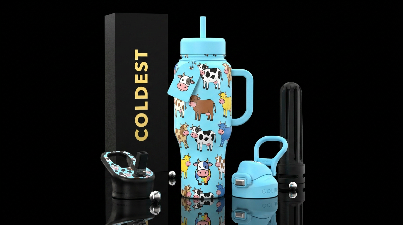 Multi color cartoon cows water bottle design