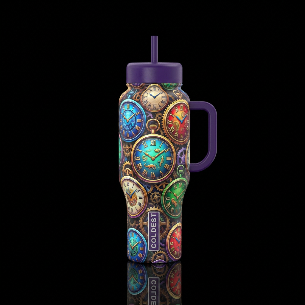 World before time shiny multi colored clocks water bottle design