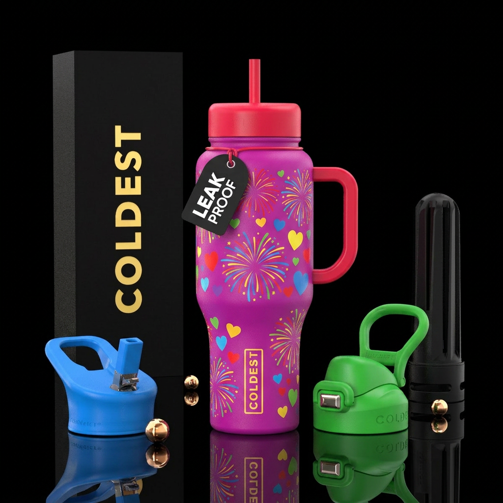 Bright colored fire works and hearts water bottle design