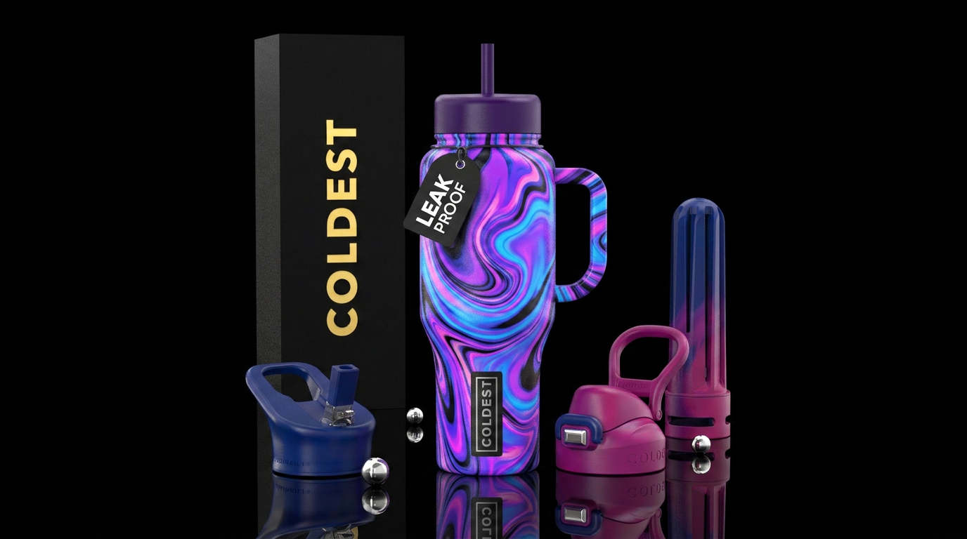 Bright purple blue pink and black swirls water bottle design