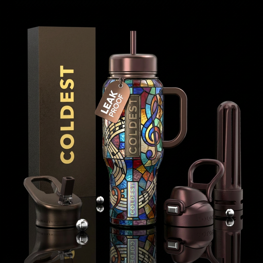 Shiny music colored stained glass water bottle design
