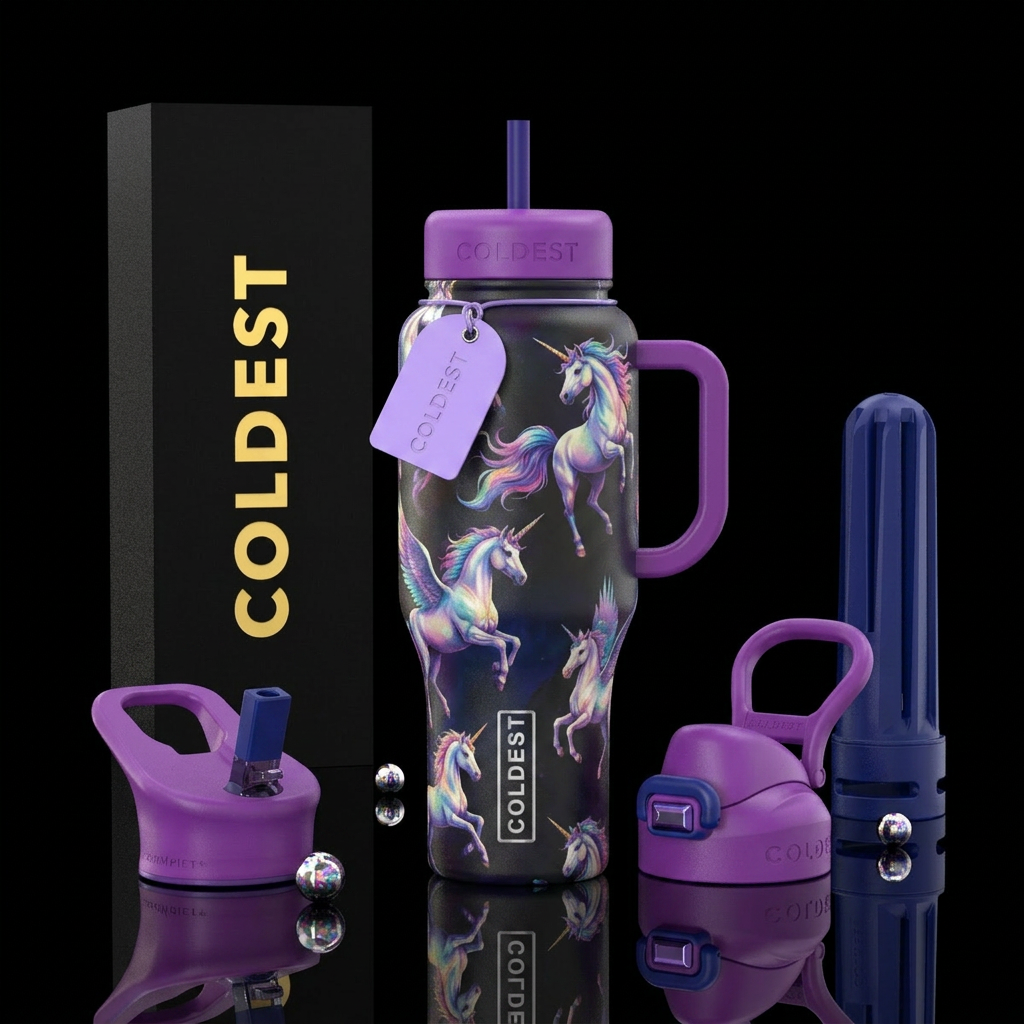 Colorful Mystic unicorns in flight water bottle design