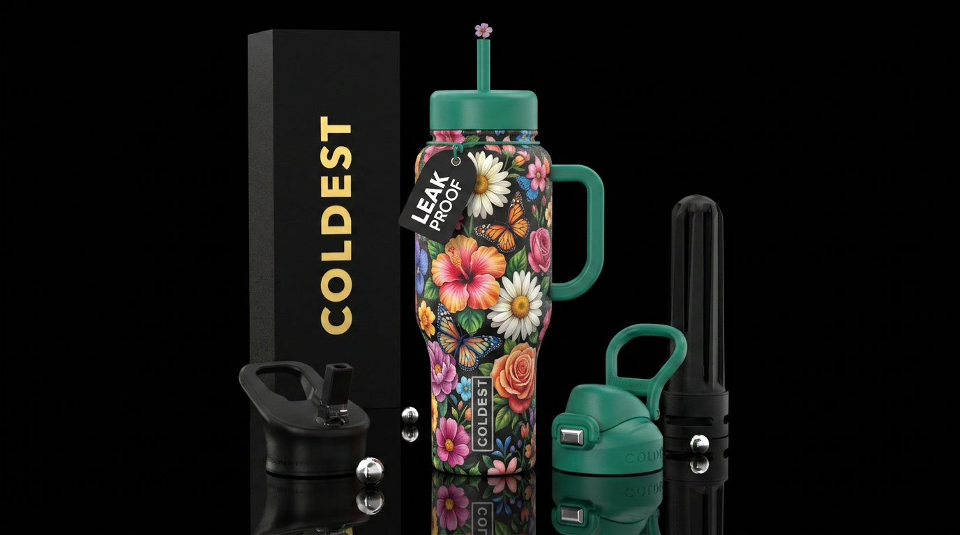 Colorful flowers & butterflies water bottle design