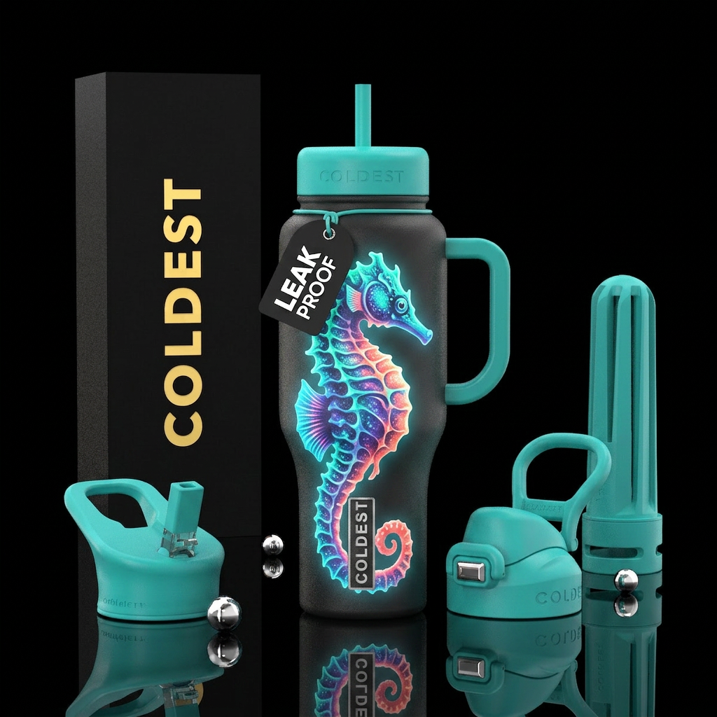 Colorful seahorse glowie water bottle design