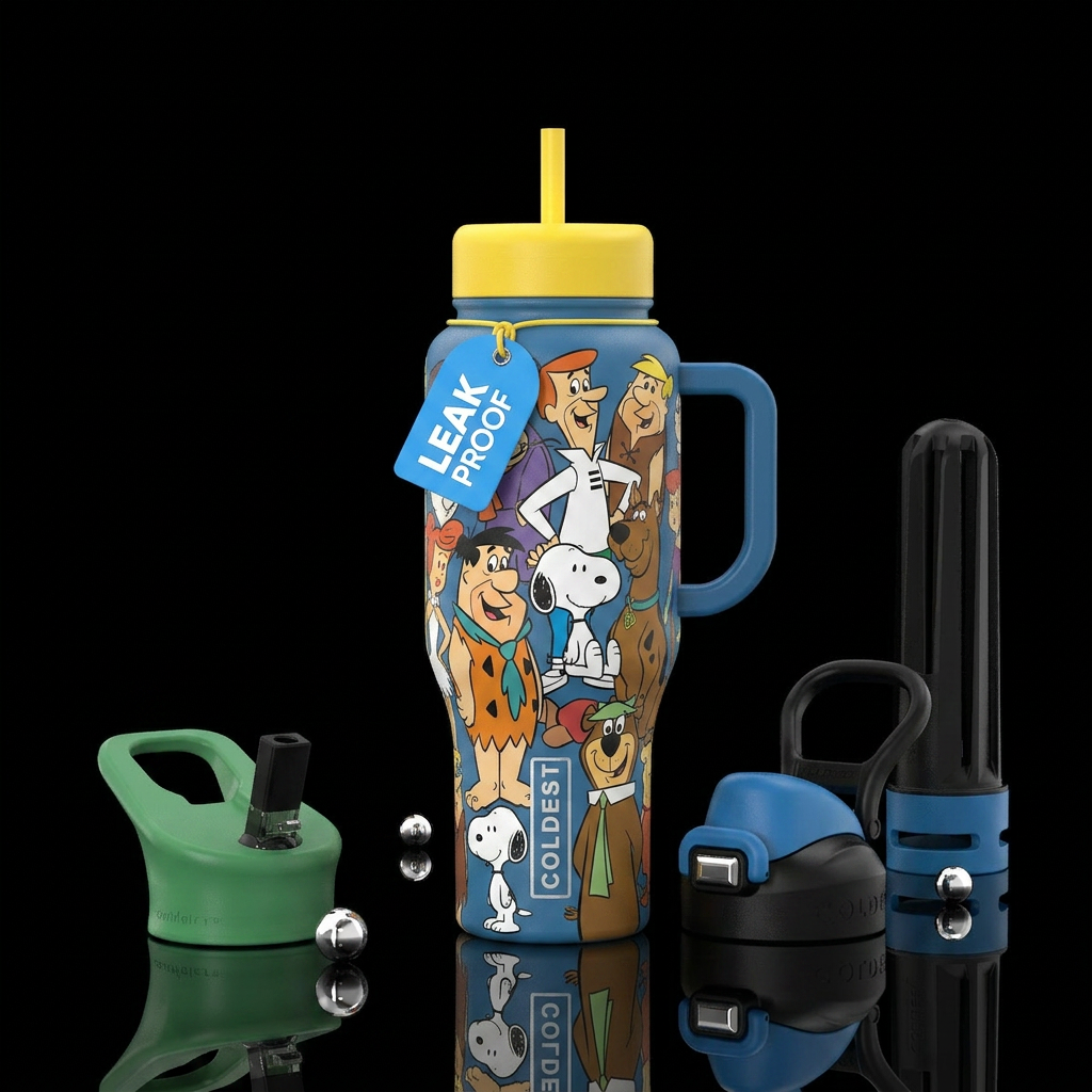 Famous cartoon characters from 60s water bottle design