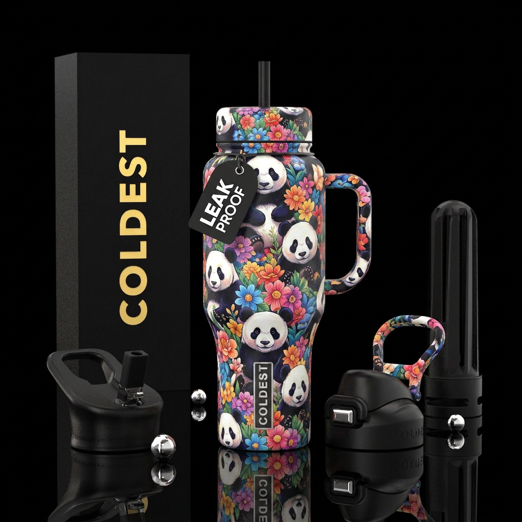 Panda bears and flowers water bottle design