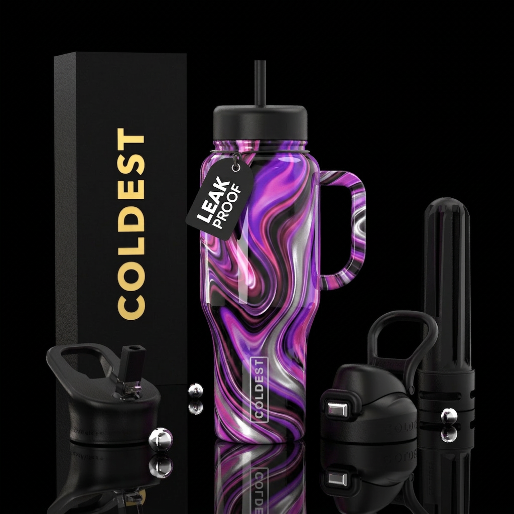 Purple pink black & silver shiny glossy swirls water bottle design
