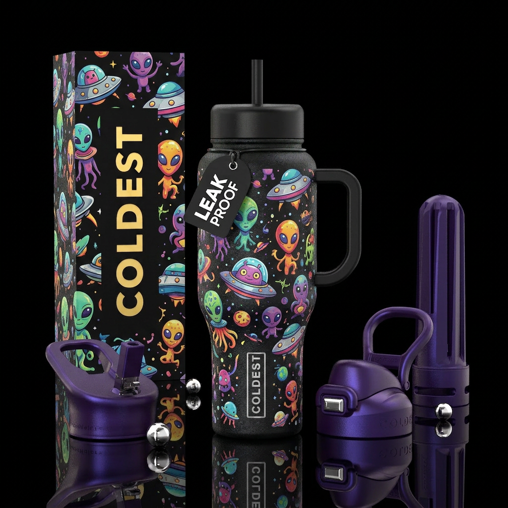 Multi colored space aliens water bottle design