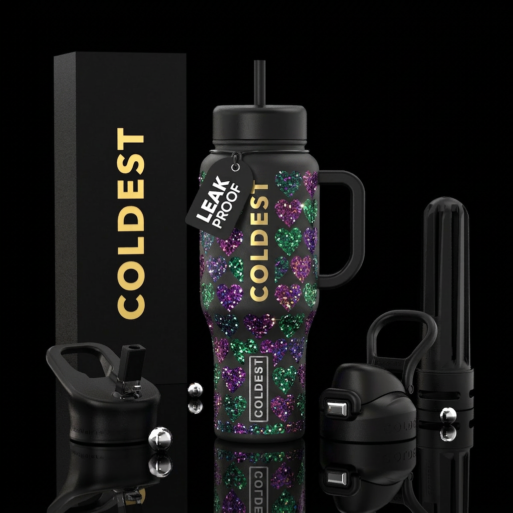 Shiny glitter hearts glowie water bottle design
