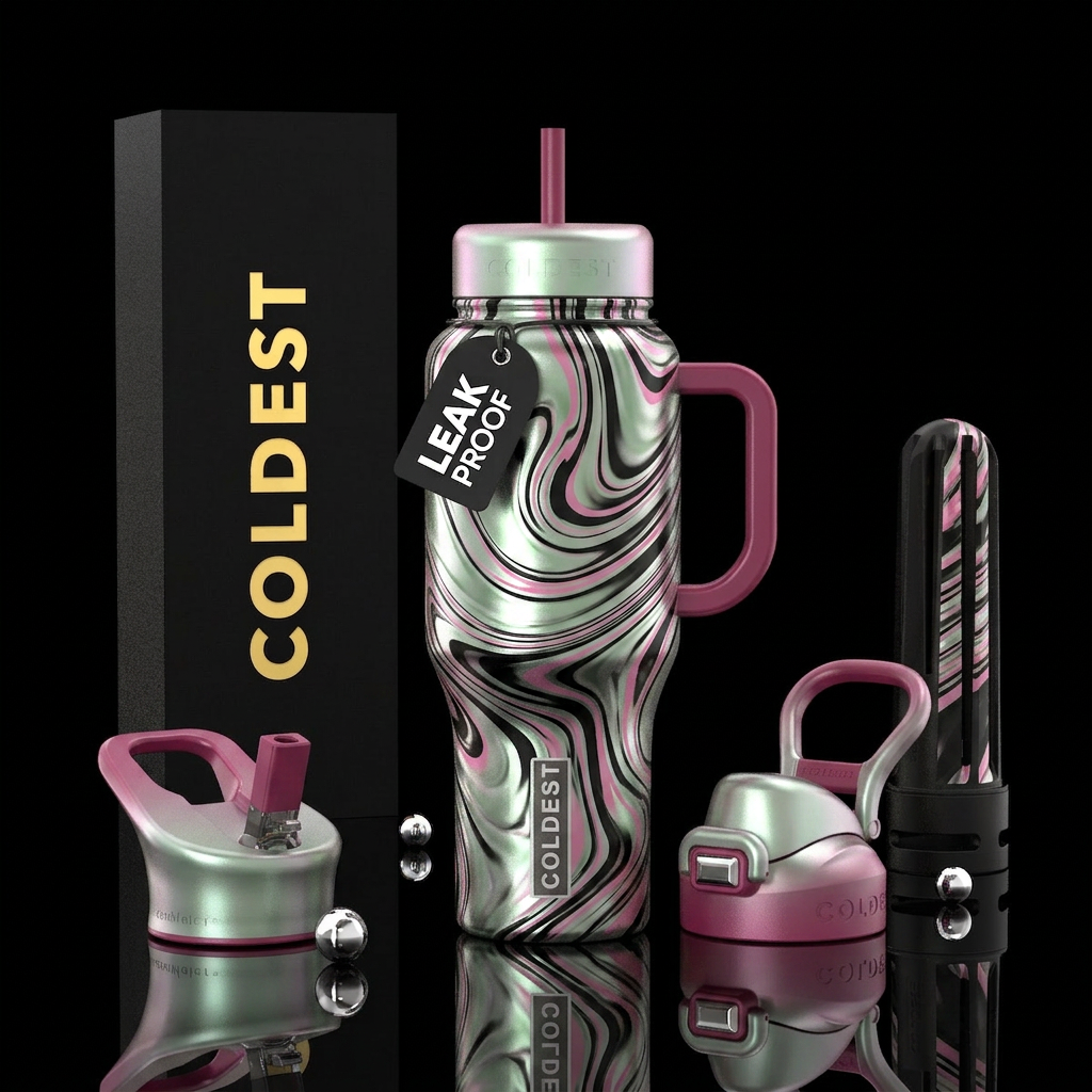 Glossy green silver Black & Pink swirls water bottle design