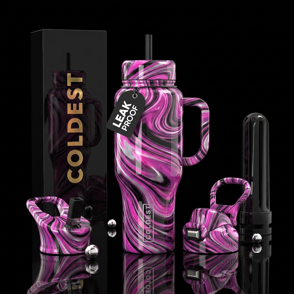 Glossy pink purple silver and black swirls water bottle design