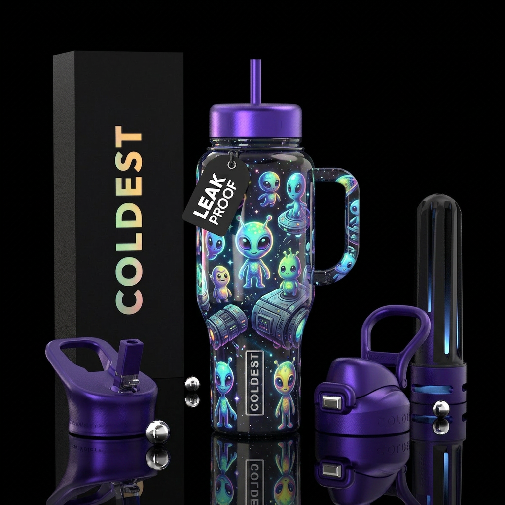 Space aliens glowie water bottle design