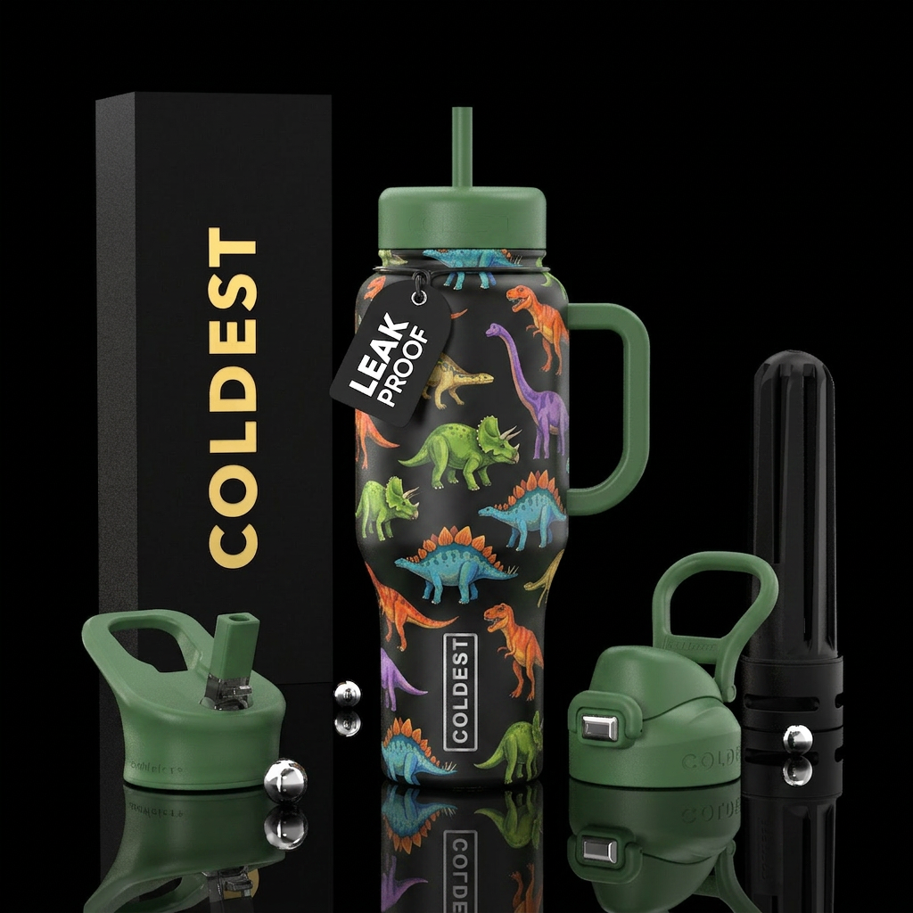 Multi colored assorted dinosau water bottle design