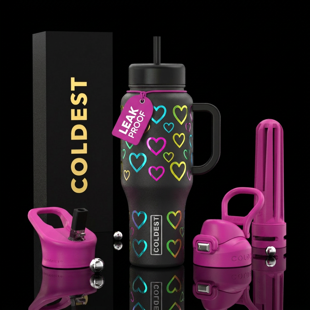 Bright colored shiny open hearts water bottle design