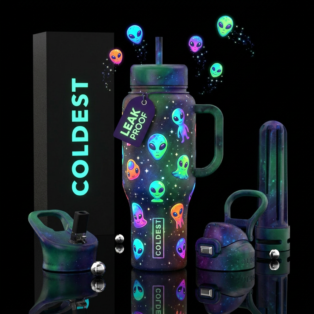 Colorful glowie martians water bottle design