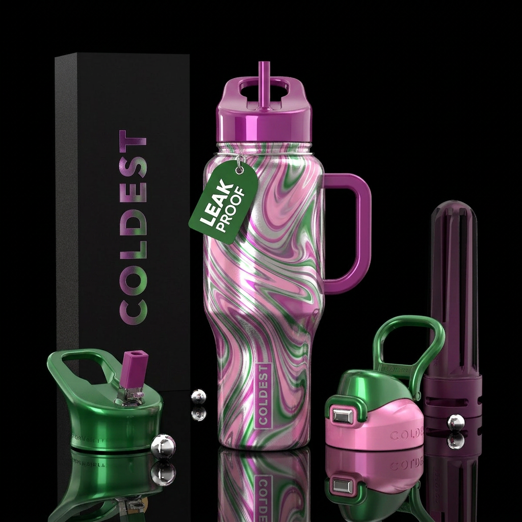 Glossy pink purple green and silver swirls water bottle design
