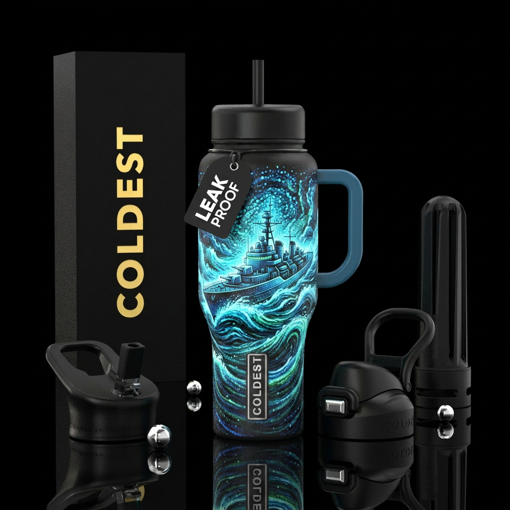 Naval ship on stormy waters glowie water bottle design