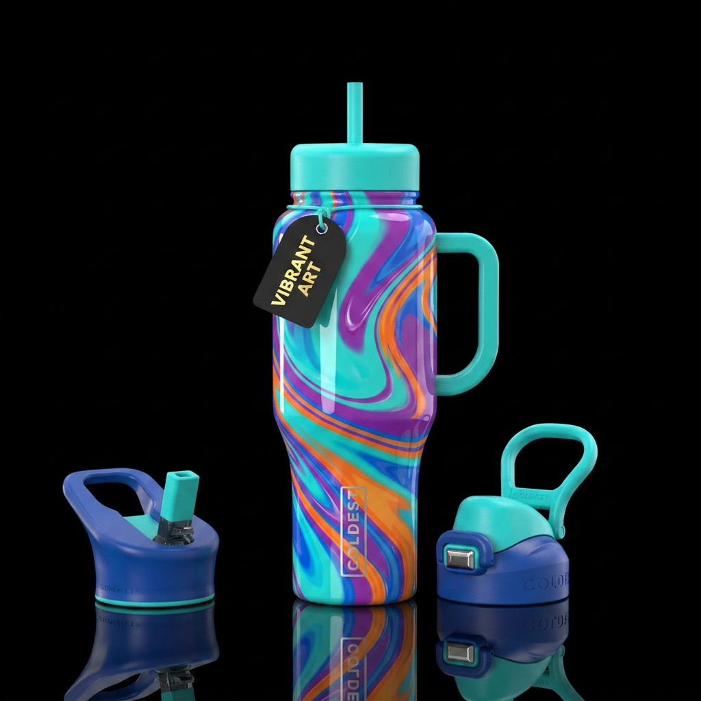 Glossy bright colored swirls water bottle design