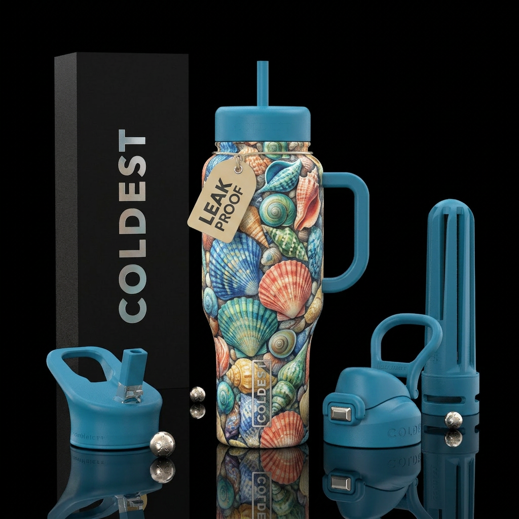 Colorful sea shells water bottle design