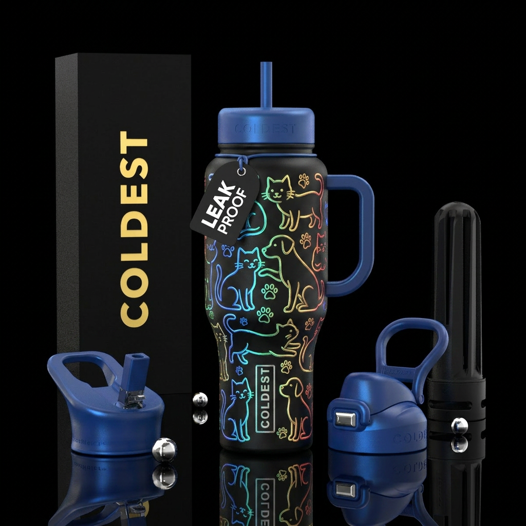 Glossy outline multi colored Cat & dogs glowing water bottle design