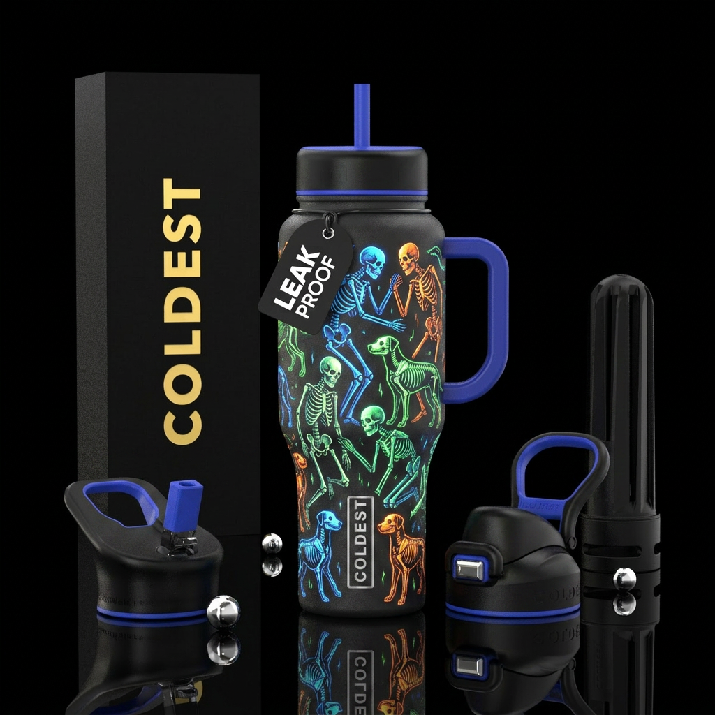 Skeletons and Dogs glowing water bottle design