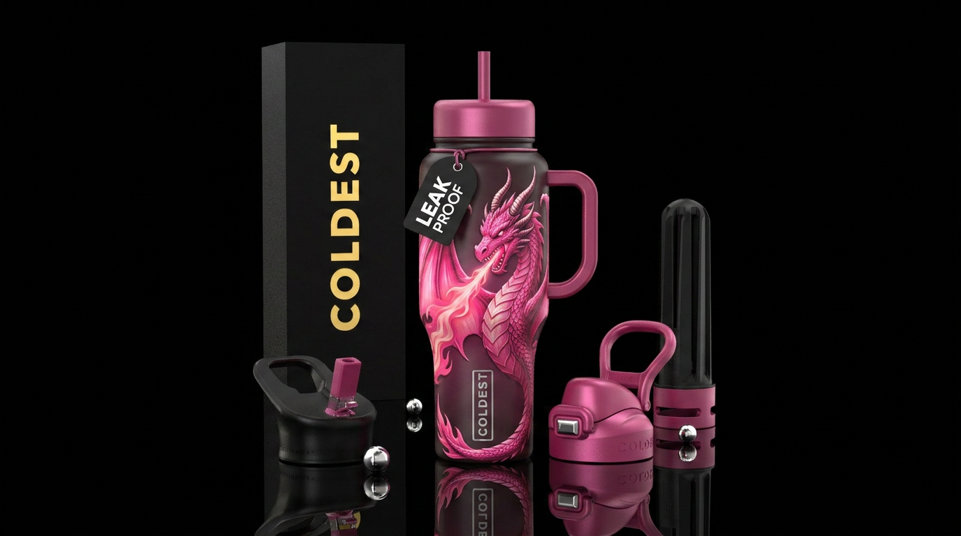 Pink dragon with horns and wings water bottle design