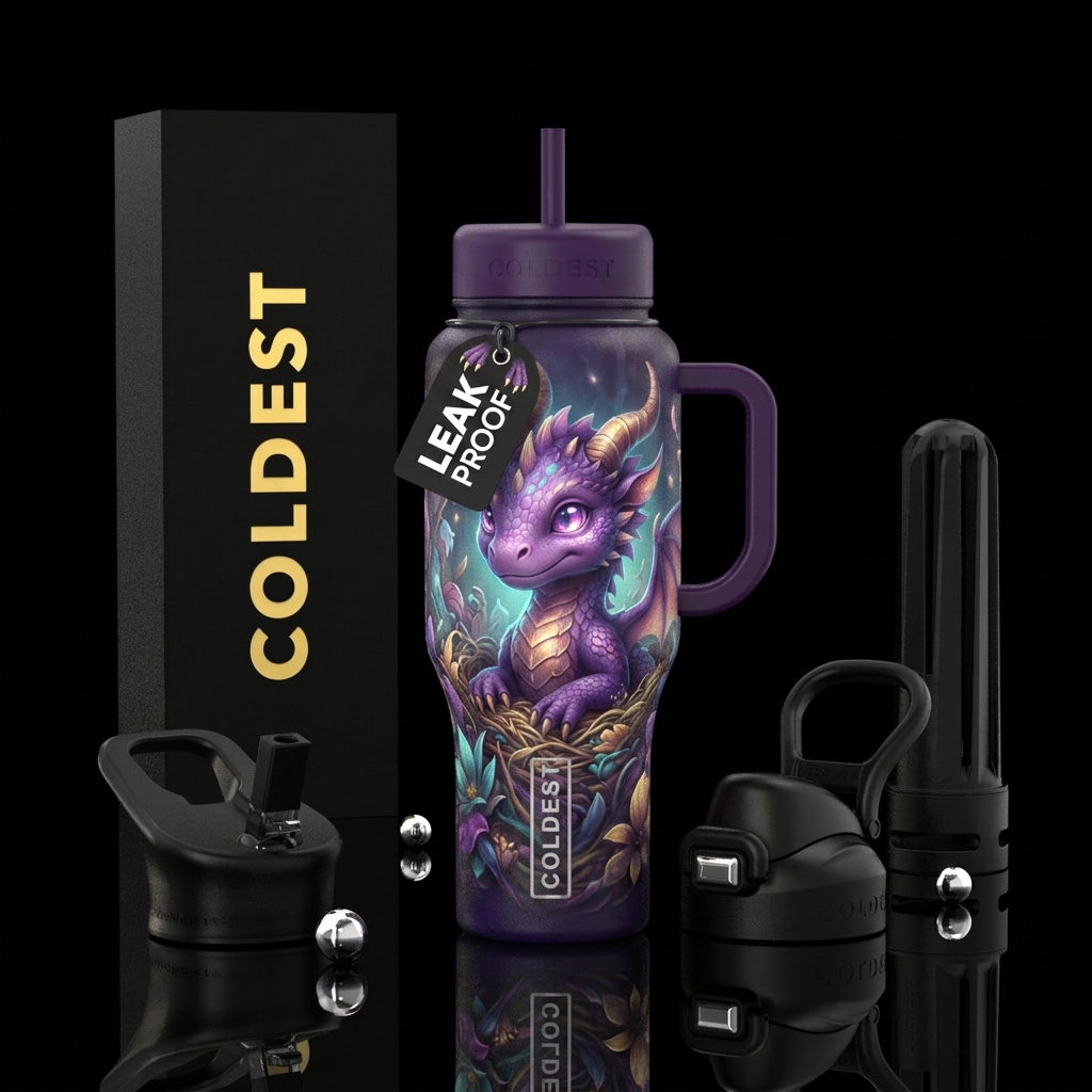 Purple baby dragon with horns glowie water bottle design