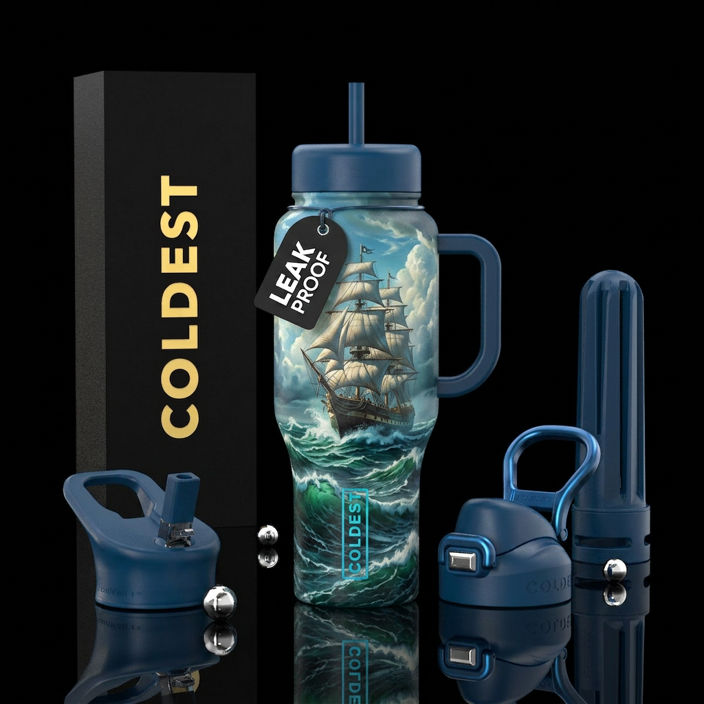 Sailing ship on rough ocean water bottle design