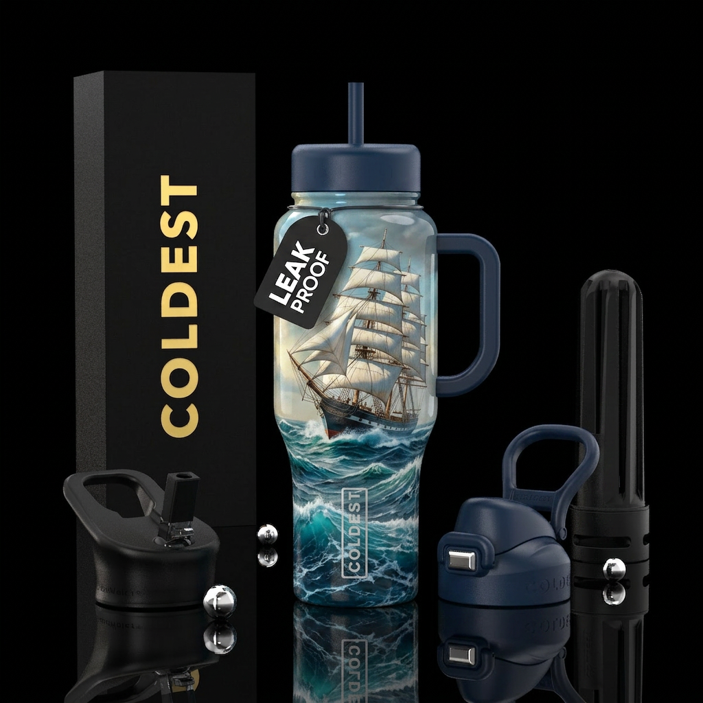 Sailing ship on rough ocean water bottle design