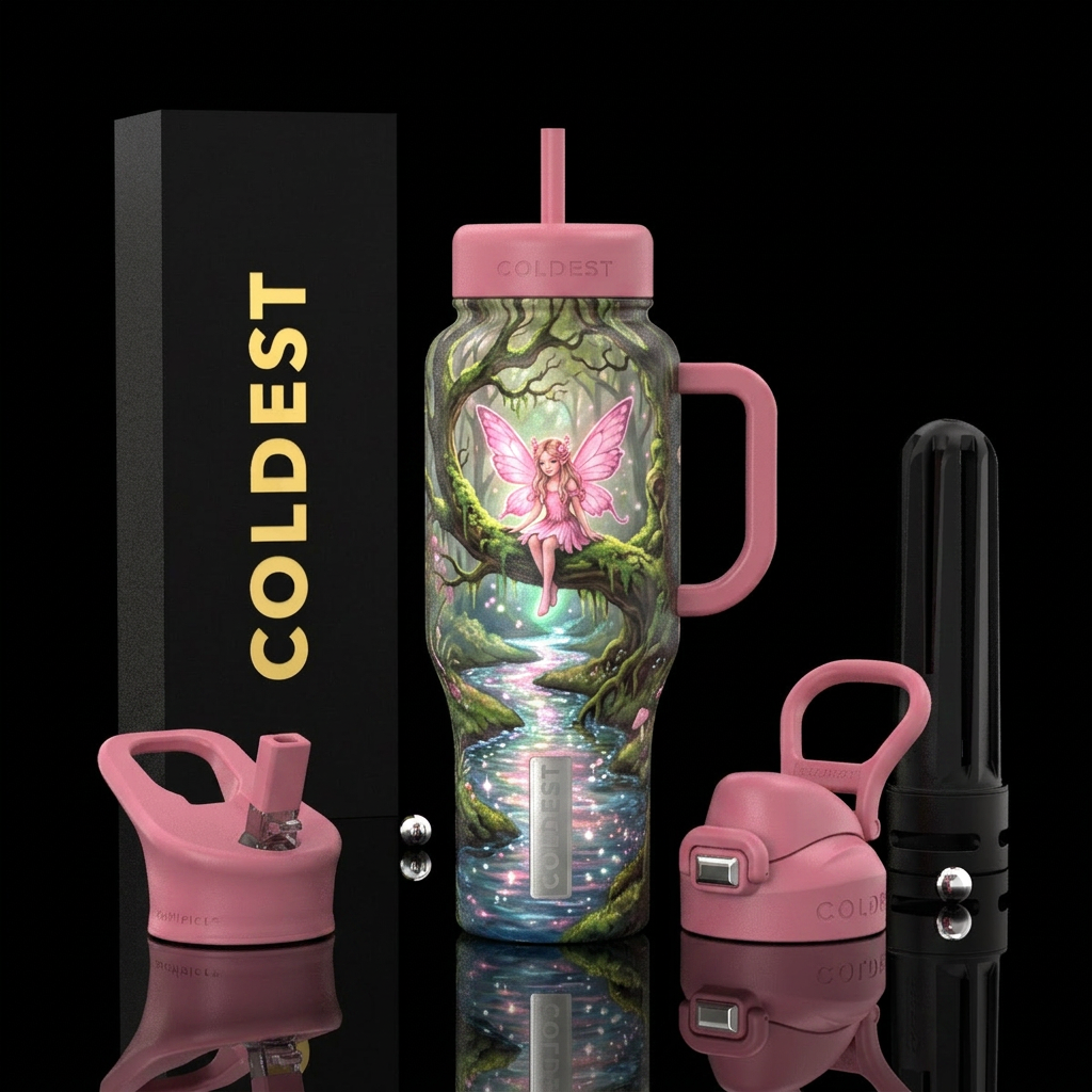 Pink fairy on tree branch over stream glowie water bottle design