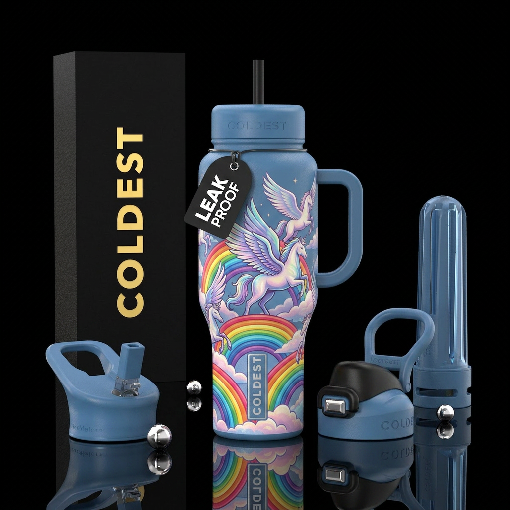 Pegasus flying over rainbows and clouds water bottle design
