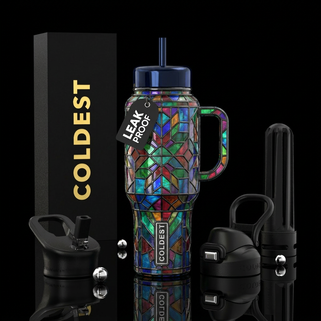 Glossy stained glass water bottle design