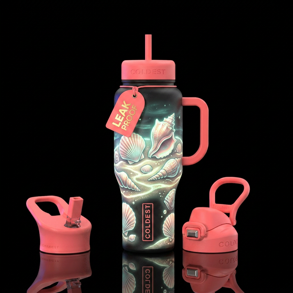Shells on the beach glowie water bottle design