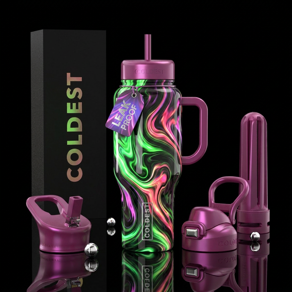 Glossy green pink purple and black swirls glowie water bottle design