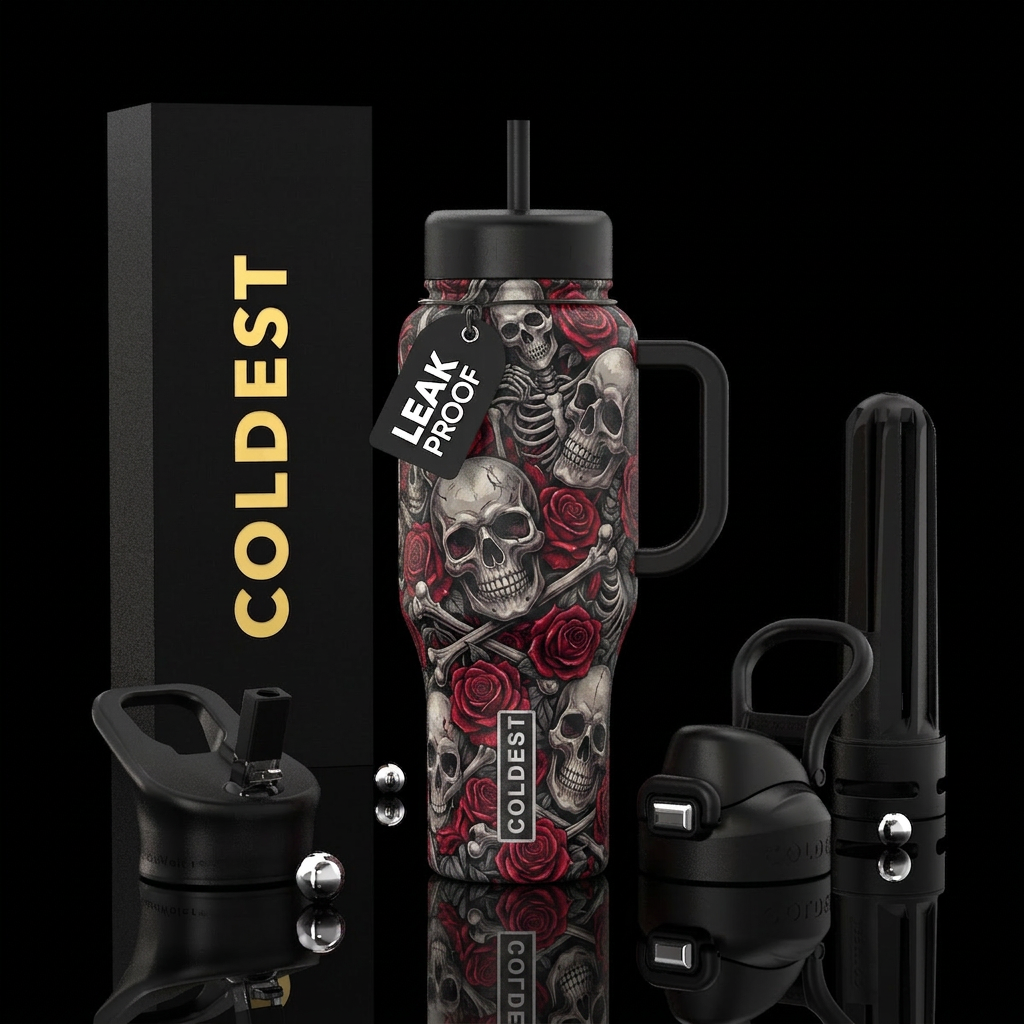 Skulls and crossbones red roses water bottle design