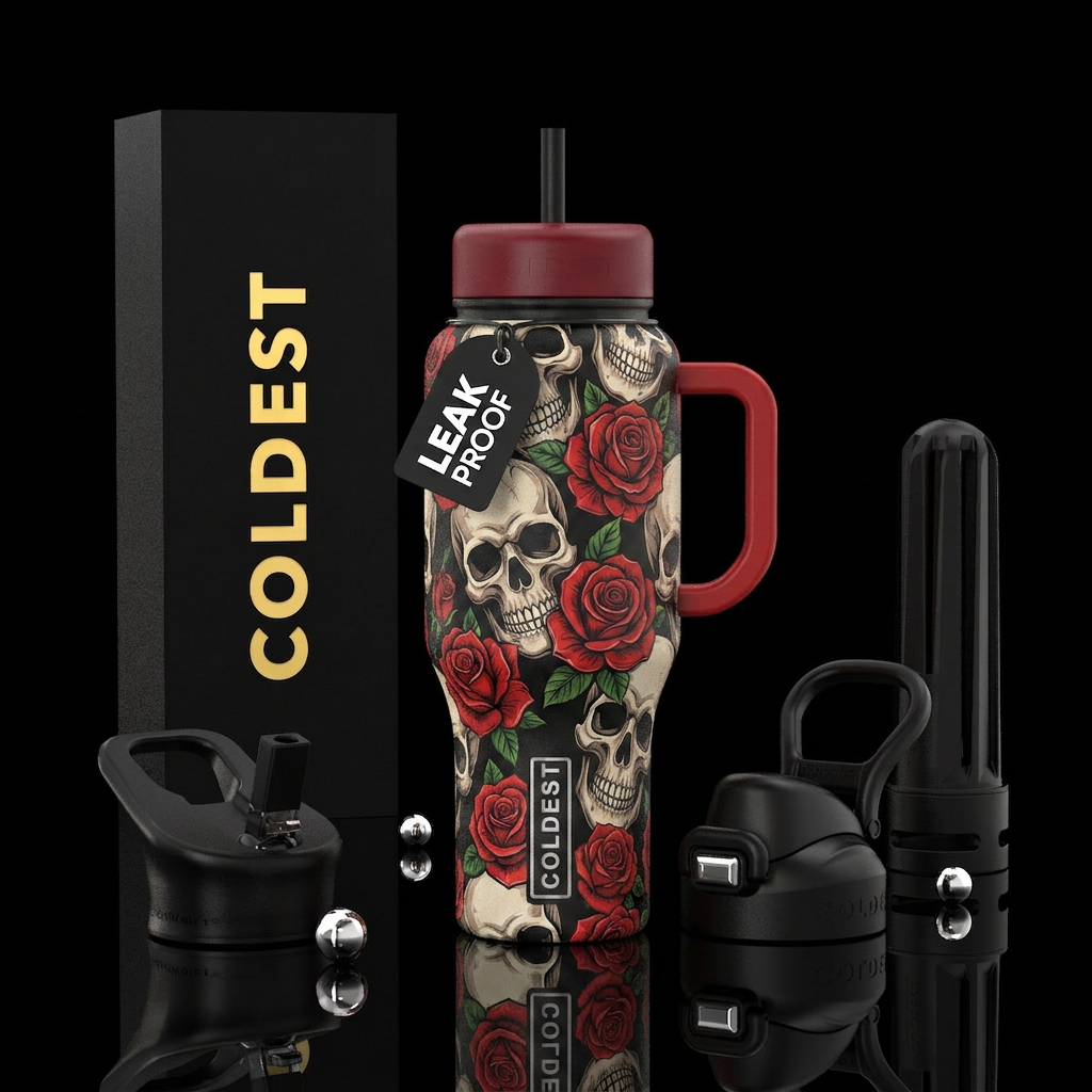 Skulls and crossbones red roses water bottle design