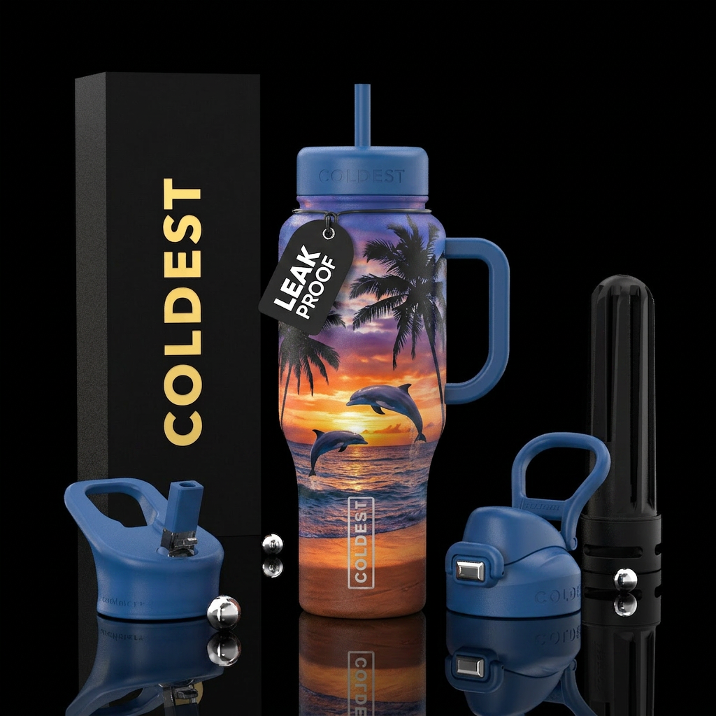 Sunset on beach palm treesand dolpins water bottle design
