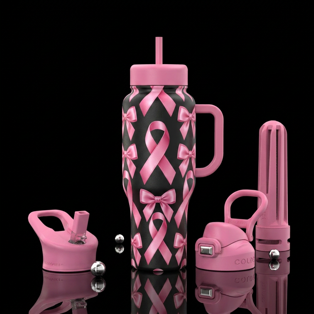 Pink Cancer ribbons and Bows water bottle design