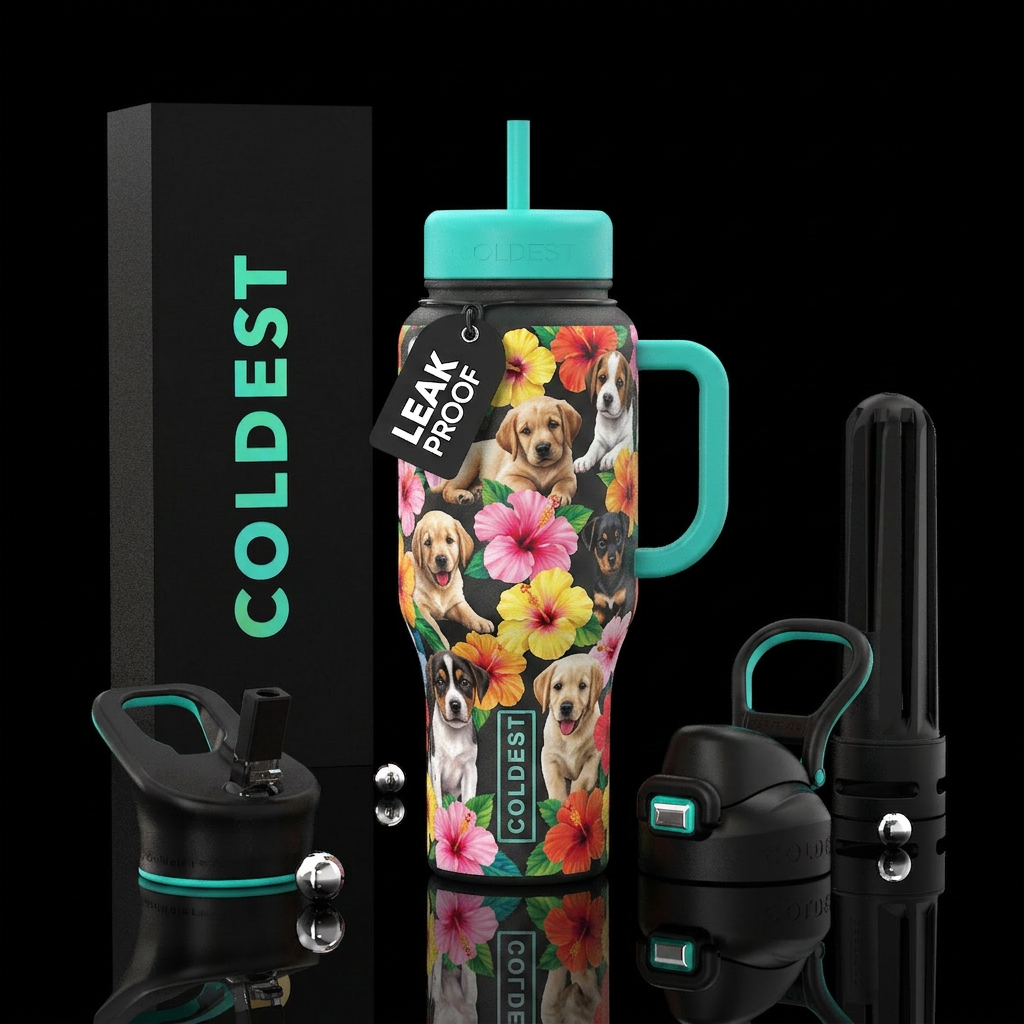 Puppies and colorful hibiscus flowers water bottle design