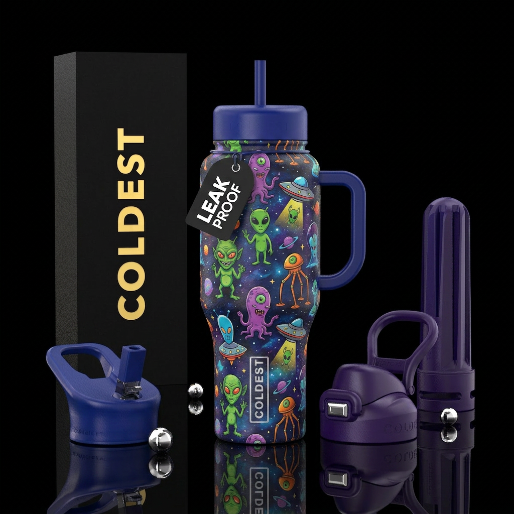 Colorful Space aliens water bottle design