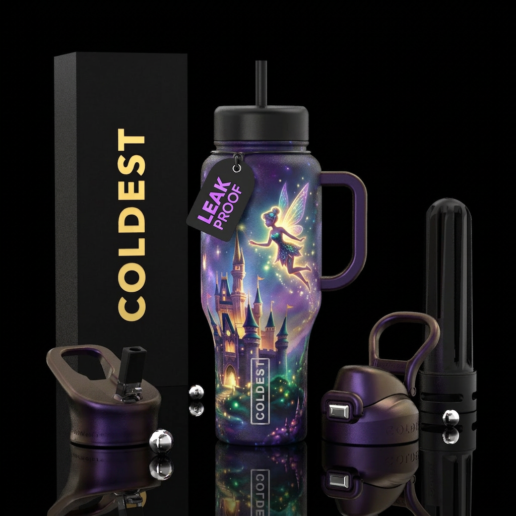Fairy flying over castle glowie water bottle design